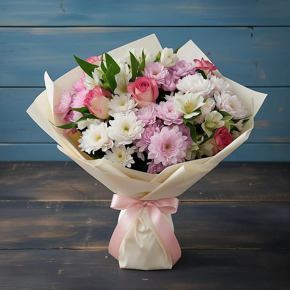 Букет цветов из: Хризантемы, Альстромерии и Розы в Чердаклах